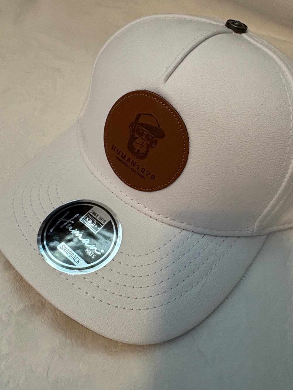 Human Hats Cool Monkey 🐵 White Snapback Cap with Brown Leather Patch
